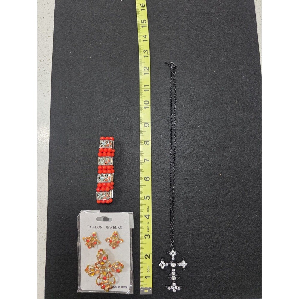 Gothic-Style Rhinestone Cross , Floral earring/pin set, coral bracelet fashion